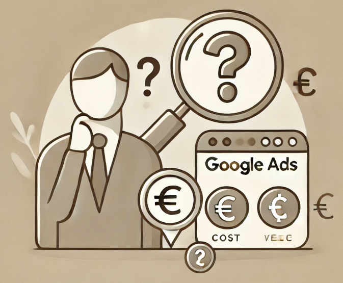 Kosten einer Google Ads Agentur – Lohnt sich billig? Ki-generiertes Bild. Das Bild zeigt eine nachdenkliche Person umgeben von Fragezeichen und Eurozeichen, was das Konzept der Kosten und Wertüberlegung bei der Auswahl einer Google Ads Agentur darstellt. Es hat ein minimalistisches Design.