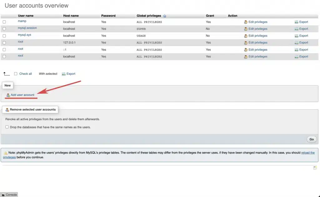 PhpMyAdmin Userübersicht Markiert 1024x631 1