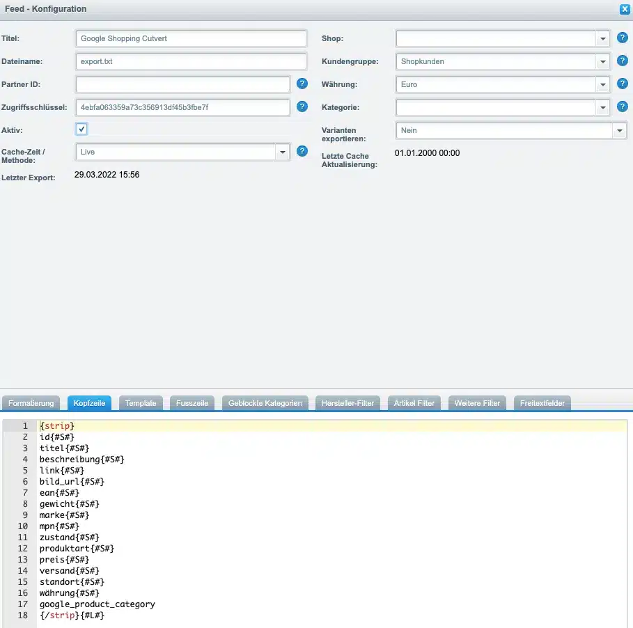 Shopware 5 Google Shopping Feed Kopfzeile