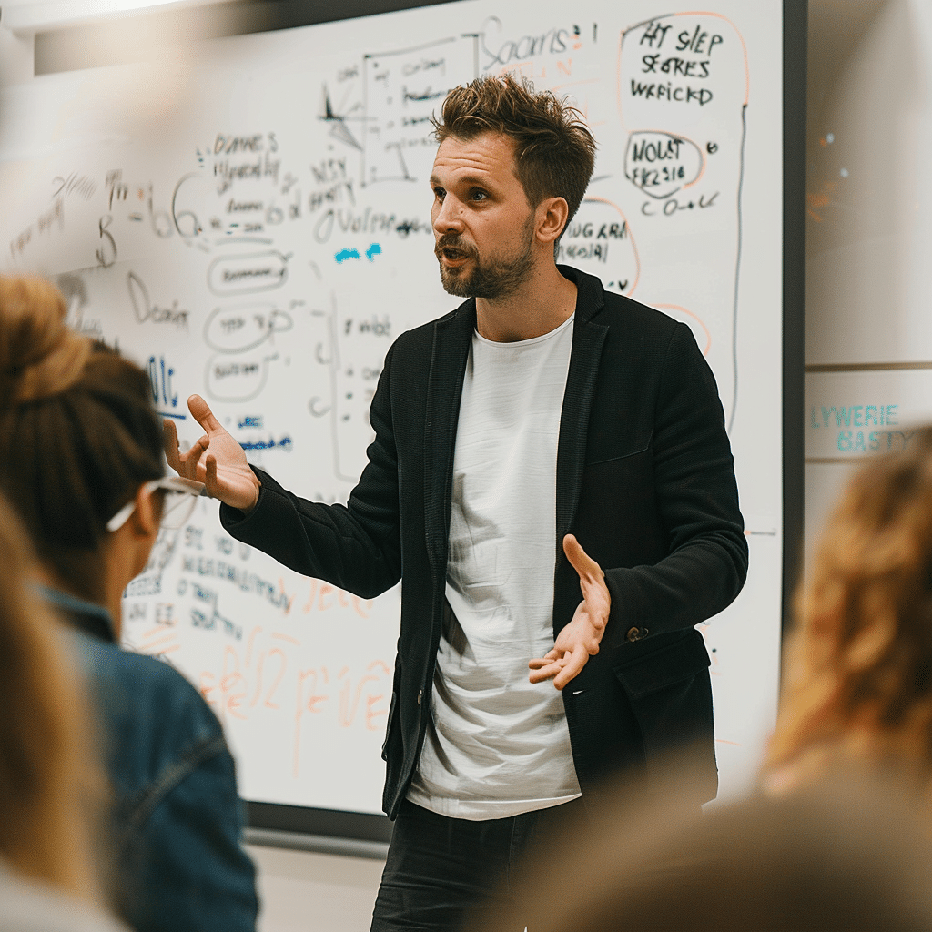 Das Bild zeigt einen Mann, der vor Menschen einen Vortrag hält. Im Hintergrund ist ein Whiteboard mit Notizen zu sehen.