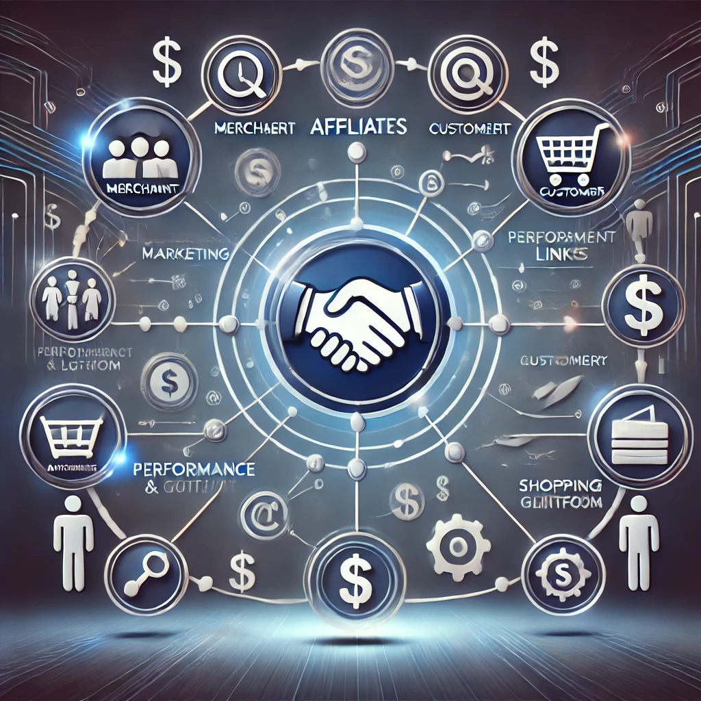 Affiliate Marketing, Handshake-Symbol in der Mitte und außen herum mehrere Seitenelementen wie Dollar-Zeichen, Personengruppen, Einkaufswagen, etc.. KI-generiertes Bild