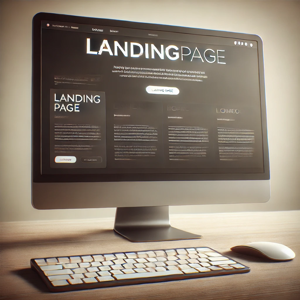 Landingpage, grauer Mac Bildschirm mit weißer Tastatur und Maus auf einer Tischplatte. Auf dem Bildschirm steht "Landing-Page". KI-generiertes Bild