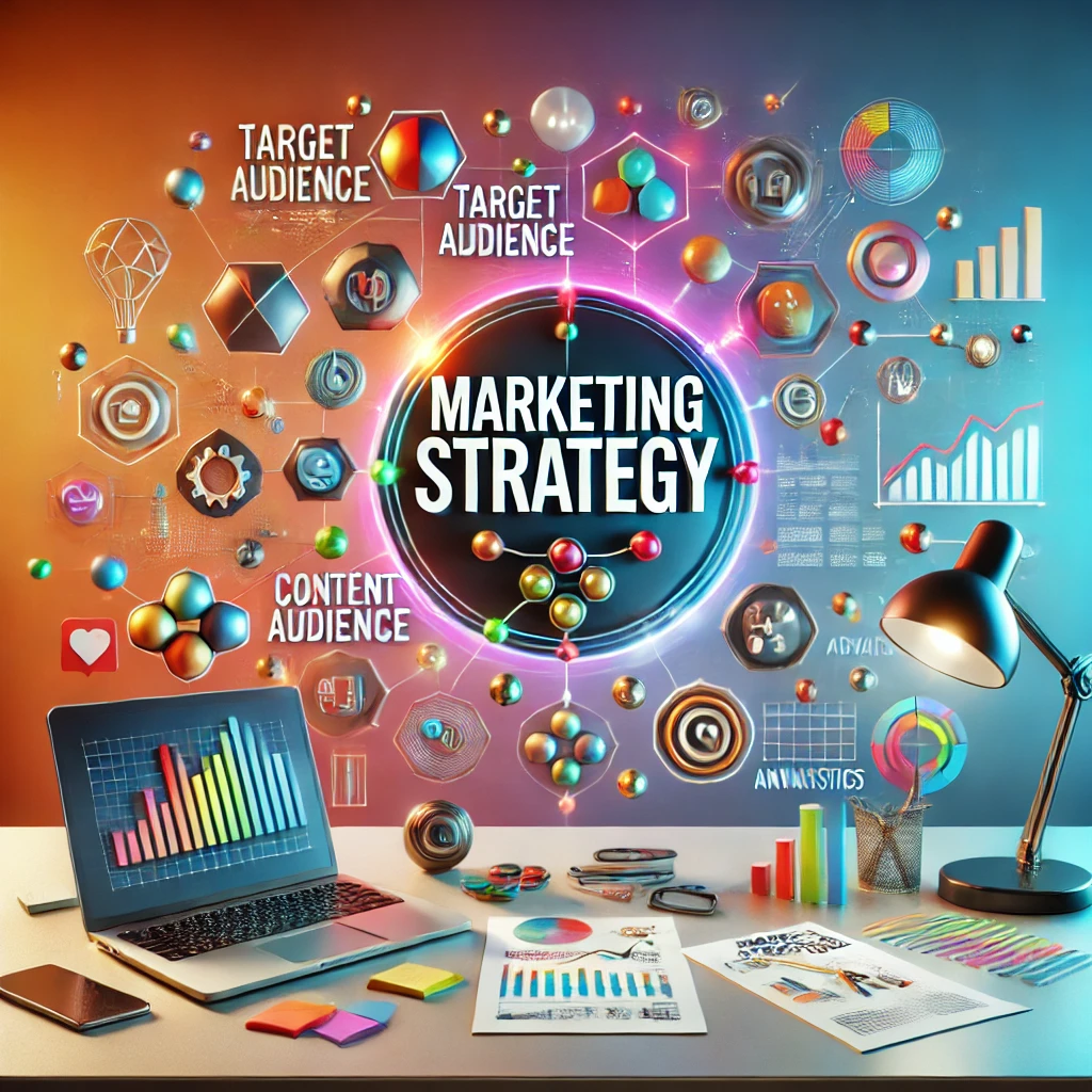 Marketingstrategien, Content-Marketing , Buntes Bild, in der Mitte ein Kreis wo "Marketing Strategy" drinnen steht. Mit Außenelementen. Unten ein aufgeklappter Laptop, Handy, Lampe & Blätter mit Charts. KI-generiertes Bild