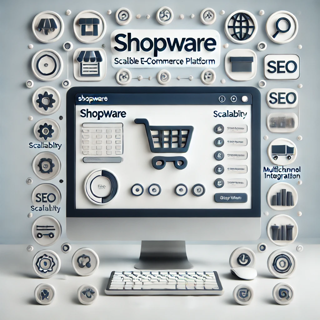 Shopware, E-Commerce Platform, SEO, ein Bildschirm in der Mitte wo links "Shopware" und in der Mitte ein Einkaufswagen ist. Drum herum mehrere Außenelemente. KI-generiertes Bild