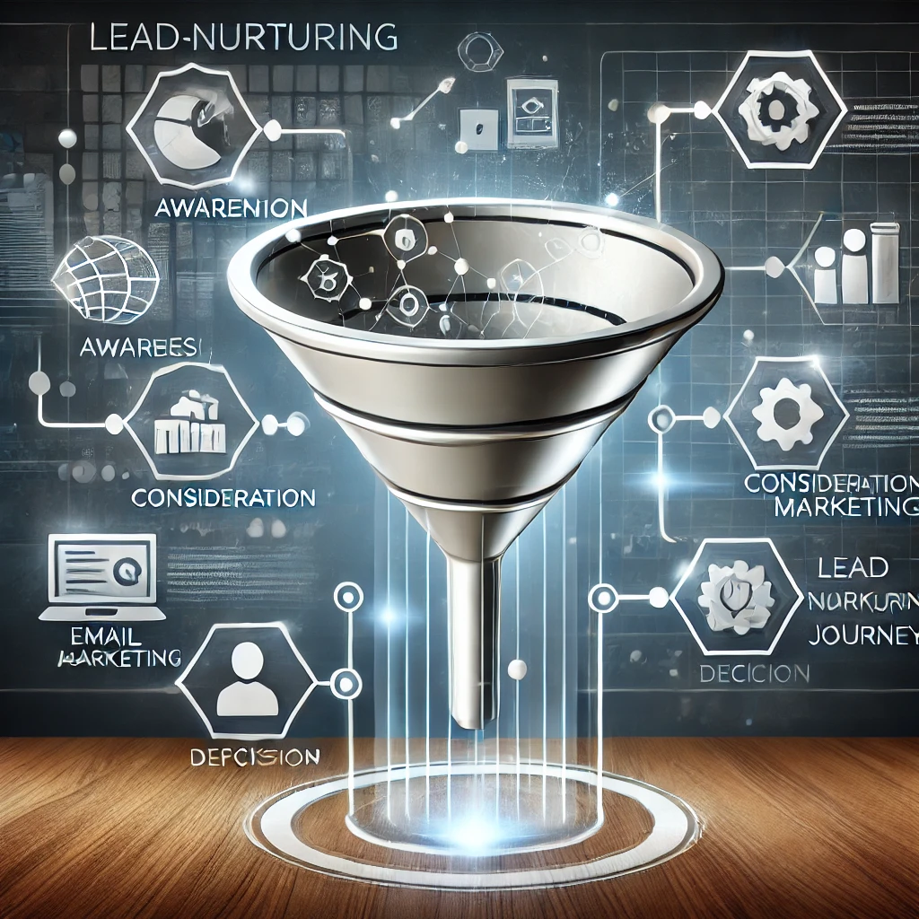 Lead-Nurturing, KI-generiertes Bild mit Seitenelementen und in der Mitte ein silberner Trichter, der in der Luft schwebt