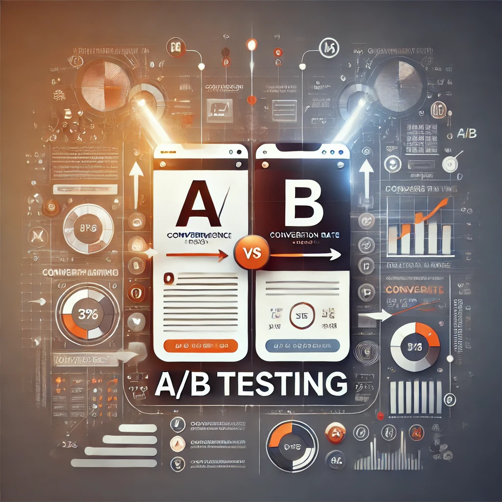 A/B-Testing, zwei Handys zu sehen die nebeneinander sind und auf einem A/ auf dem andren B drauf steht - für A/B-Testing. Unter den zwei Buchstaben steht jeweils "Konversionsrate". Außen herum sind Seitenelemente. KI-generiertes Bild