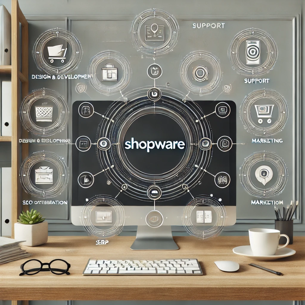 Shopware Agentur, in einem Arbeitszimmer wo ein Mac-Bildschirm in der Mitte auf dem Tisch steht & in der Mitte auf dem Bildschirm "Shopware" zu sehen ist. Mit Seitenelementen. Dazu eine Tastatur, Brille, Tasse und Maus auf dem Tisch. KI-generiertes Bild