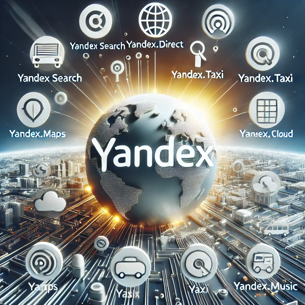 Yandex, KI-generiertes Bild, eine etwas leuchtende, graue Weltkugel groß in der Mitte zu sehen wo "Yandex" drauf steht. Drum herum mehrere Symbole mit den Wörtern "Yandex Search, Yandex.Direct, Yandex.Taxi, Yandex Search, Yandex.Maps, YandexCloud und Yandex.Music"