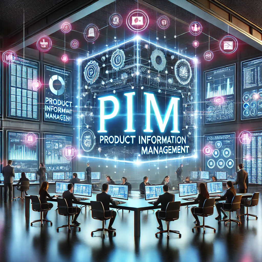 PIM, Product Information Management, Hologramm 3D-Würfel in der Mitte des Raumes wo PIM drauf steht. Mehrere Mitarbeiter sitzen um das Hologramm herum und arbeiten an PC's. KI-generiertes Bild