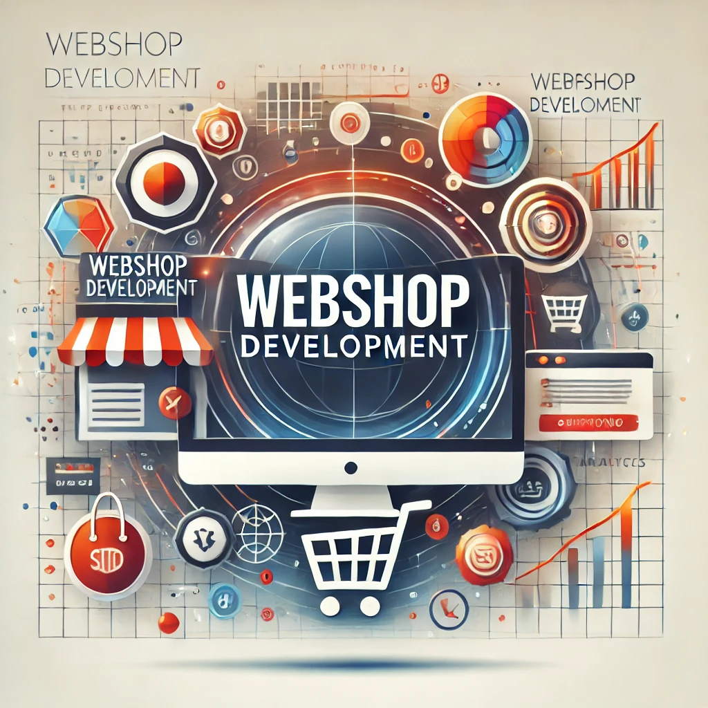 Webshop Entwicklung, KI-generiertes Bild. Das Bild zeigt den Text "Webshop Development" zentral, umgeben von abstrakten, technologischen Elementen wie Einkaufswagen und Diagrammen.