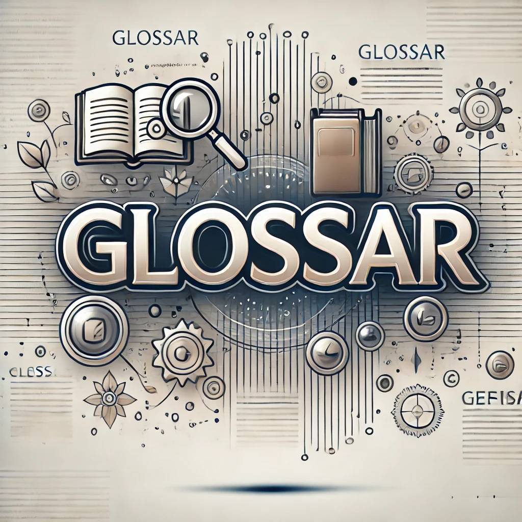 Glossar, KI-generiertes Bild. Das Bild zeigt das Wort "Glossar" zentral vor einem modernen Hintergrund mit abstrakten Mustern. Im Hintergrund befinden sich Symbole wie Bücher und Lupen, die Wissen und Recherche visuell unterstreichen.