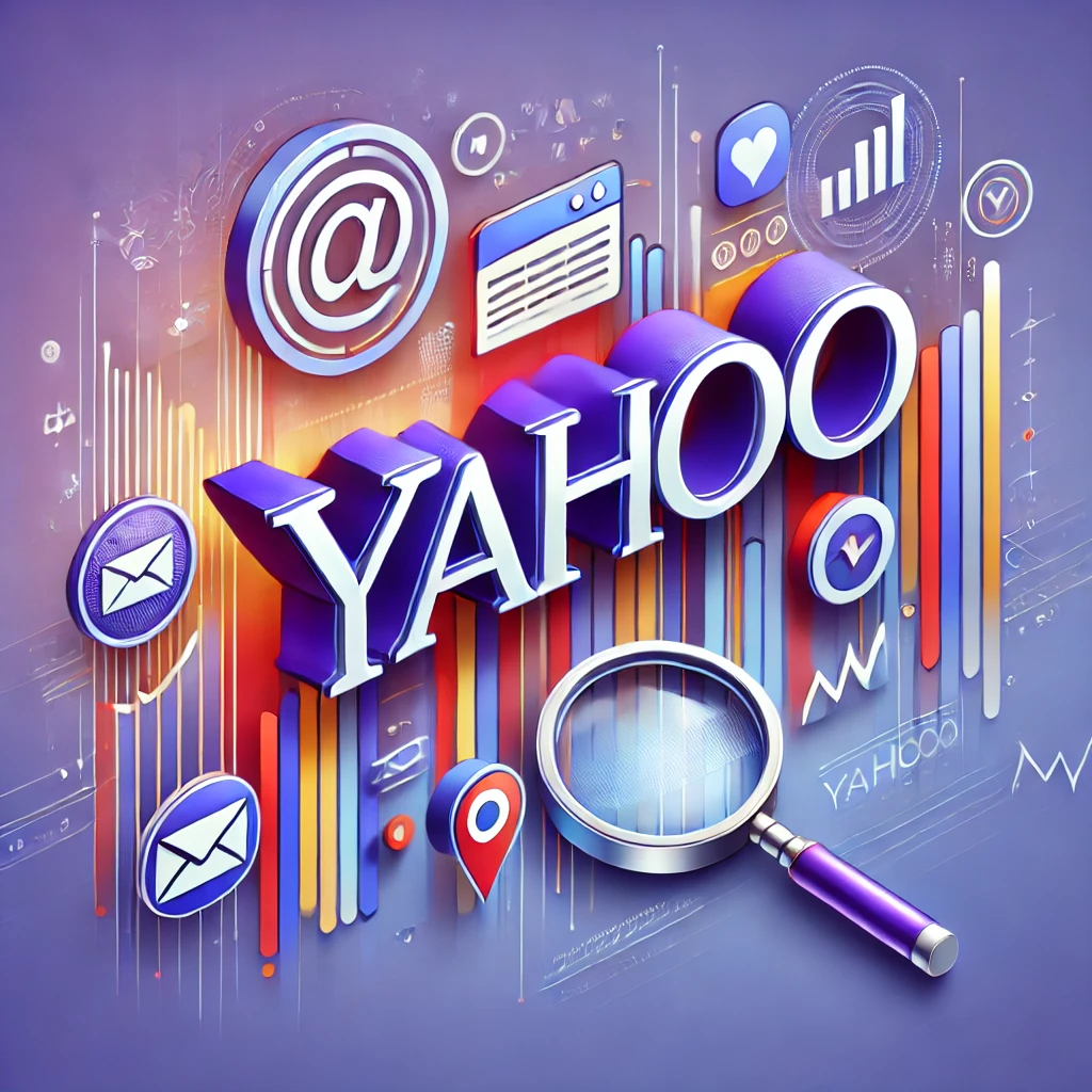 Yahoo, KI-generiertes Bild. Das Bild zeigt den Schriftzug "Yahoo" zentral in einem modernen und farbenfrohen Stil. Umgeben ist es von Symbolen wie E-Mail-Icons, einer Lupe für die Suche und einem Finanzdiagramm, die Yahoos Kernbereiche repräsentieren, vor einem abstrakt-technologischen Hintergrund.