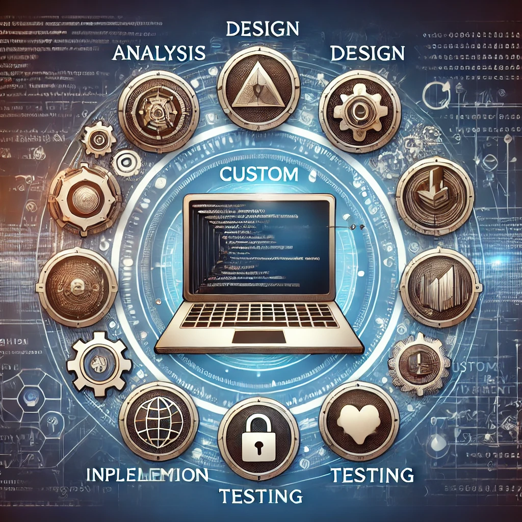 Individualsoftwareentwicklung, KI-generiertes Bild. Das Bild zeigt ein Laptop-Screen mit Code im Zentrum, umgeben von Icons für Analyse, Design und Testing, vor einem modernen, abstrakt-technologischen Hintergrund.