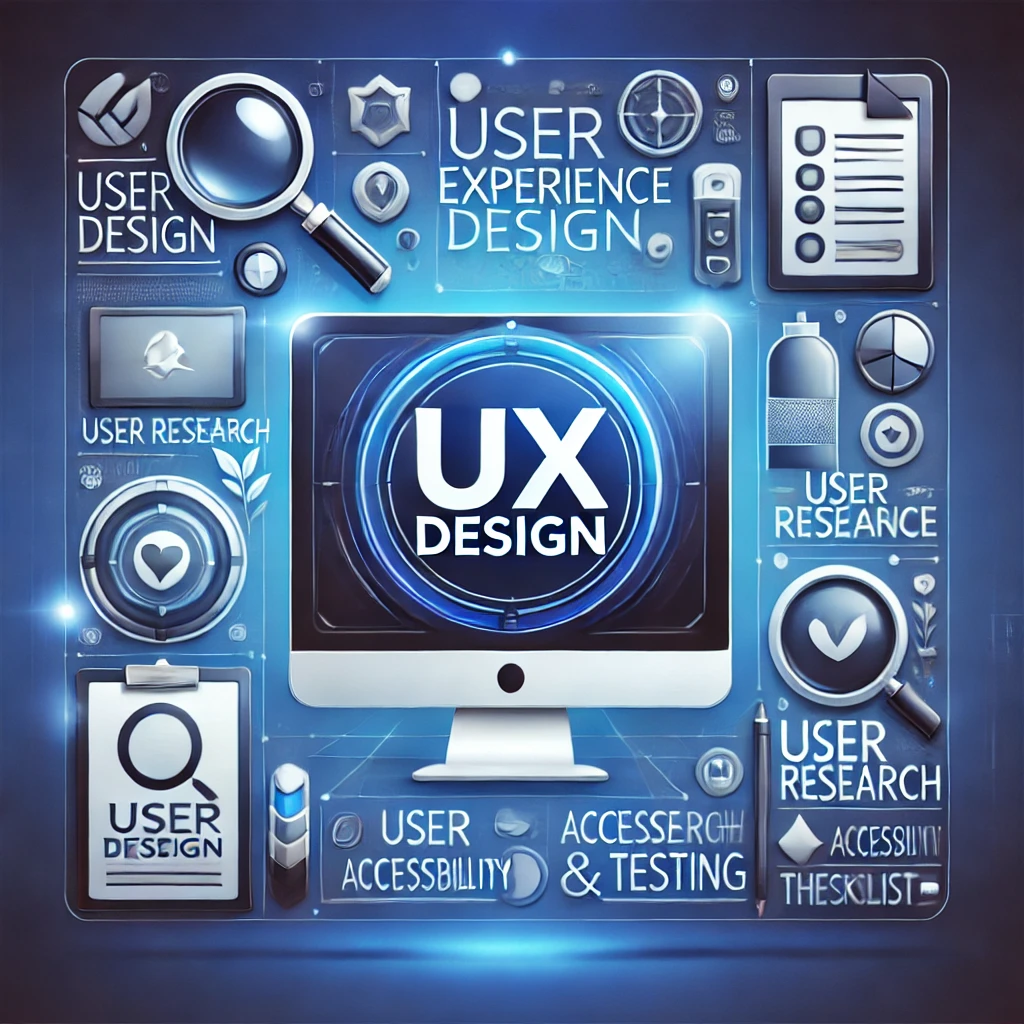 UX-Design, KI-generiertes Bild. Das Bild zeigt einen Computerbildschirm mit dem Text "UX-Design" in moderner Schrift. Es hat mehrere Seitenelemente. Symbole wie eine Lupe und ein Mobilgerät verdeutlichen die Kernaspekte des UX-Designs.