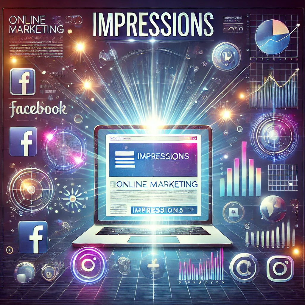 Impressions, KI-generiertes Bild. Das Bild zeigt eine digitale Darstellung des Online-Marketings mit einem zentralen Werbebanner, umgeben von Social-Media-Icons und Analyse-Grafiken. Oben steht das Wort „Impressions“ in futuristischer Schrift, das die Bedeutung der Sichtbarkeit betont.