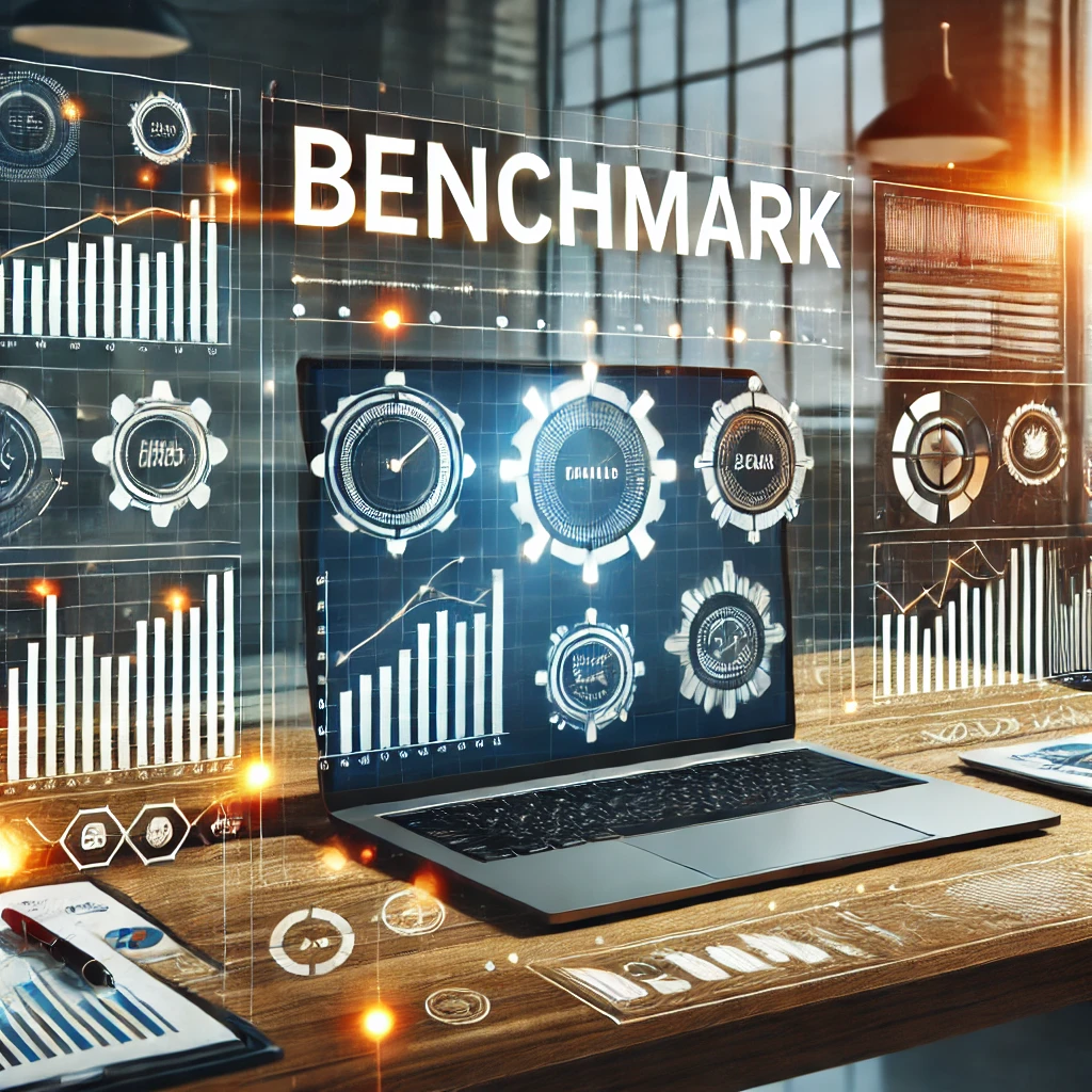 Benchmark, KI-generiertes Bild. Das Bild zeigt eine Geschäftsumgebung mit Grafiken und Diagrammen, die Benchmarking und Vergleiche zwischen Organisationen darstellen, mit dem Wort „Benchmark“ hervorgehoben.