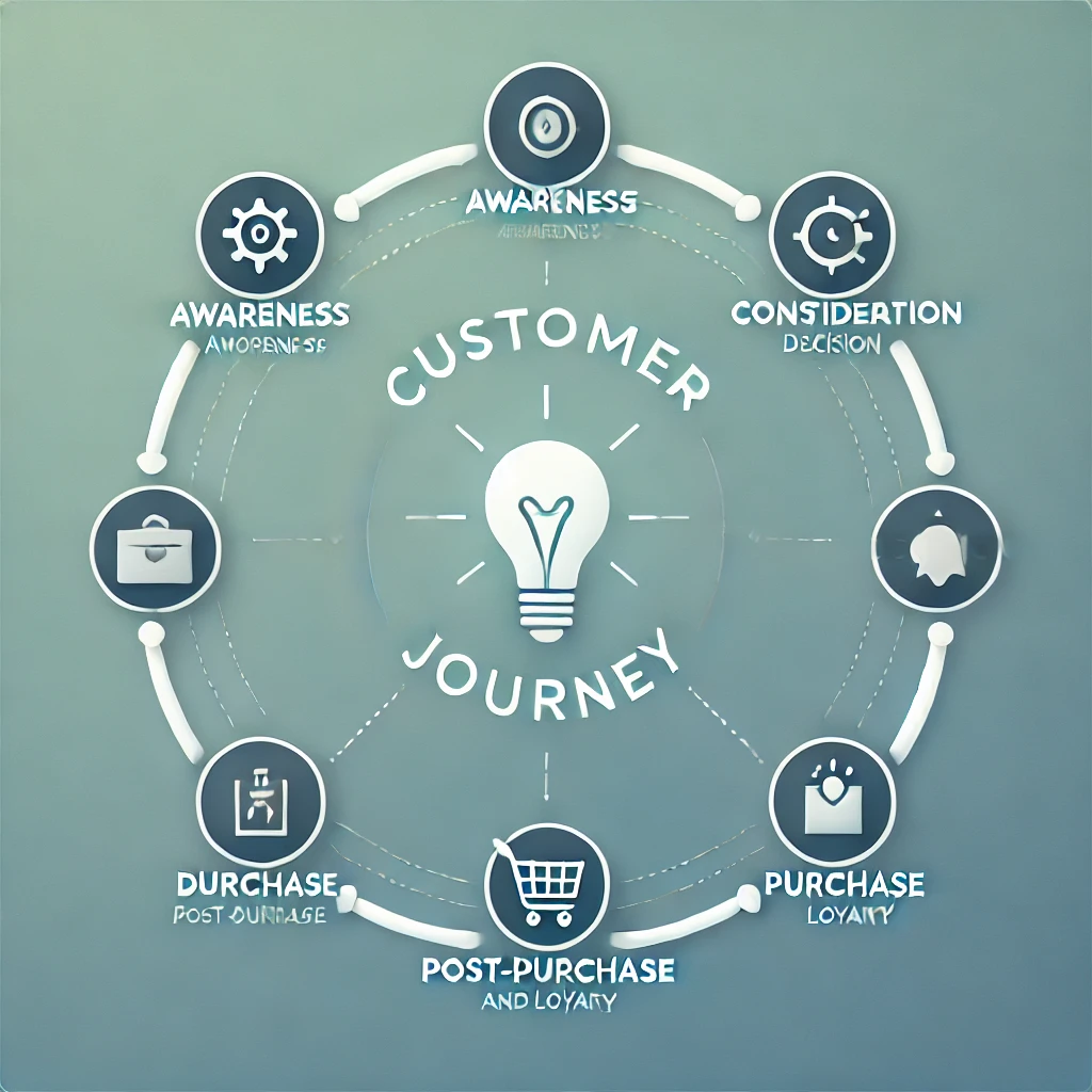 Customer Journey, KI-generiertes Bild. Das Bild zeigt „Customer Journey“ zentral in einem Kreis, umgeben von sechs Phasen (Awareness bis Loyalty) mit klaren Verbindungen und einem dezenten Blau-Grün-Verlauf.