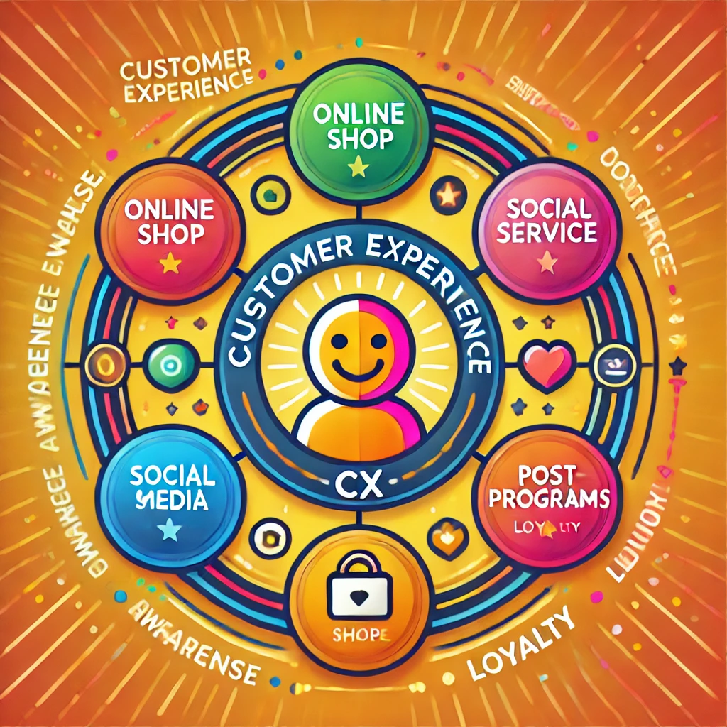 Customer Experience (CX), KI-generiertes Bild. Das Bild zeigt eine farbige, stilisierte Person im Zentrum mit dem Begriff „Customer Experience“, umgeben von Touchpoints wie Online-Shop und Kundenservice. Die fünf Phasen der CX sind in einem Kreis angeordnet, vor einem warmen Orange-Gelb-Hintergrund.