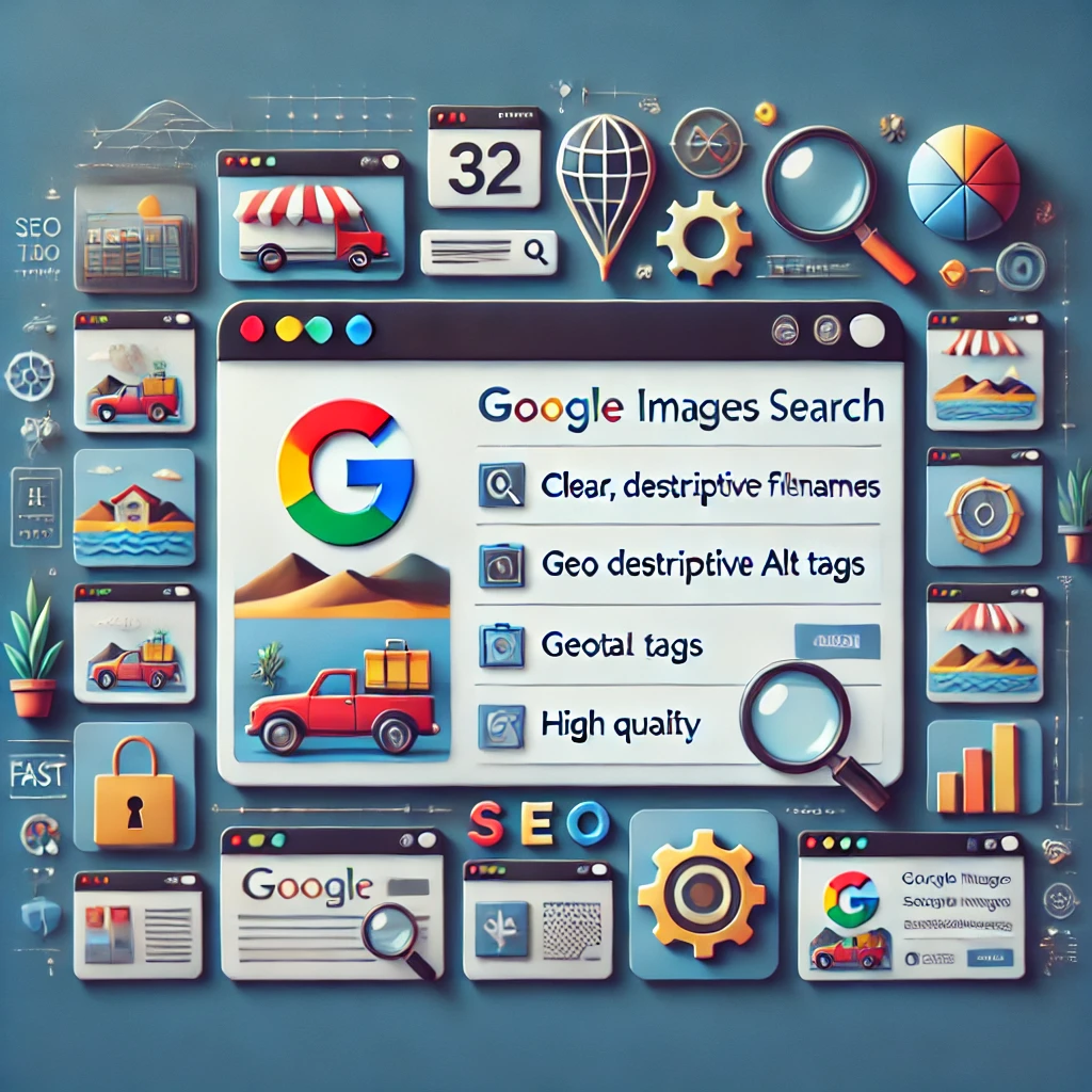 Google Bilder, KI-generiertes Bild. Das Bild zeigt eine digitale Darstellung der Google Bildersuche, mit optimierten Bildern, die in den Suchergebnissen erscheinen. Es umfasst klare Dateinamen, Alt-Tags, strukturierte Daten und Geotagging.