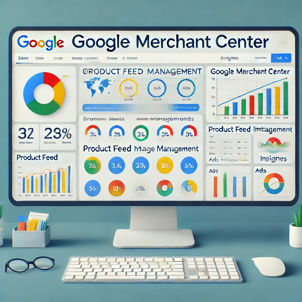 Google Merchant Center, KI-generiertes Bild. Das Bild zeigt das Google Merchant Center mit korrekt dargestelltem Branding, einem übersichtlichen Dashboard, Produktlisten und Performance-Charts in Googles Farbschema.