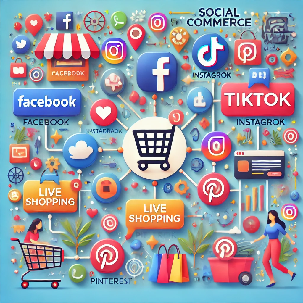 Social Commerce, sehr buntes KI-generiertes Bild. Das Bild zeigt Social Commerce mit Social-Media-Icons, Einkaufselementen und Nutzerinteraktionen wie Likes und Shares.