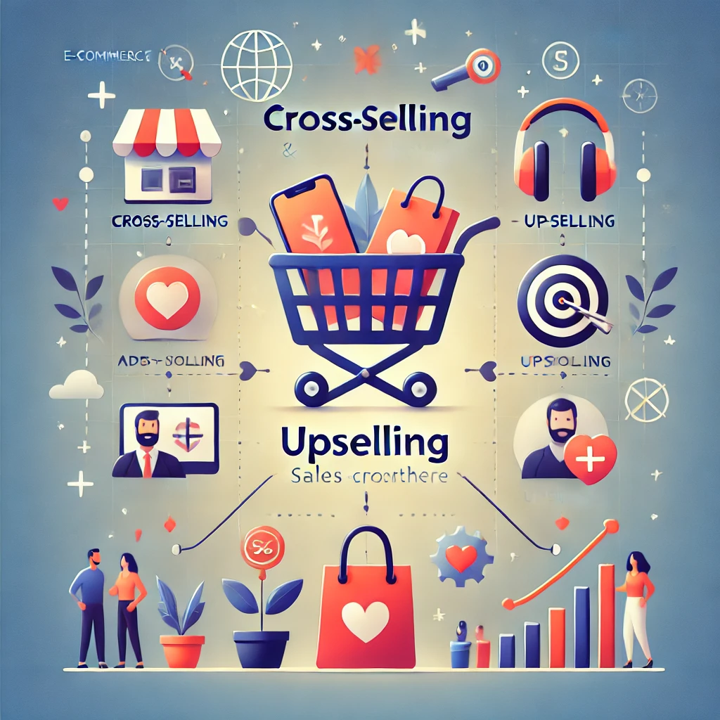 Cross-Selling und Upselling: Strategien zur Umsatzsteigerung im Verkauf, KI-generiertes Bild. Das Bild zeigt Cross-Selling mit ergänzenden Produkten und Upselling durch ein Premium-Upgrade, ergänzt durch Symbole für E-Commerce und Verkaufswachstum.