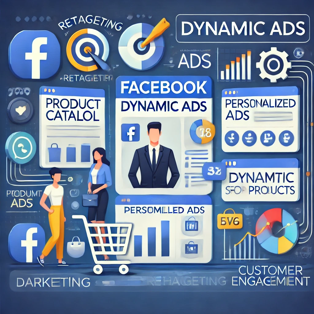 Facebook Dynamic Ads, KI-generiertes Bild. Das Bild zeigt Facebook Dynamic Ads mit einem Produktkatalog, personalisierten Anzeigen und Retargeting-Symbolen, die auf Nutzerverhalten basieren.