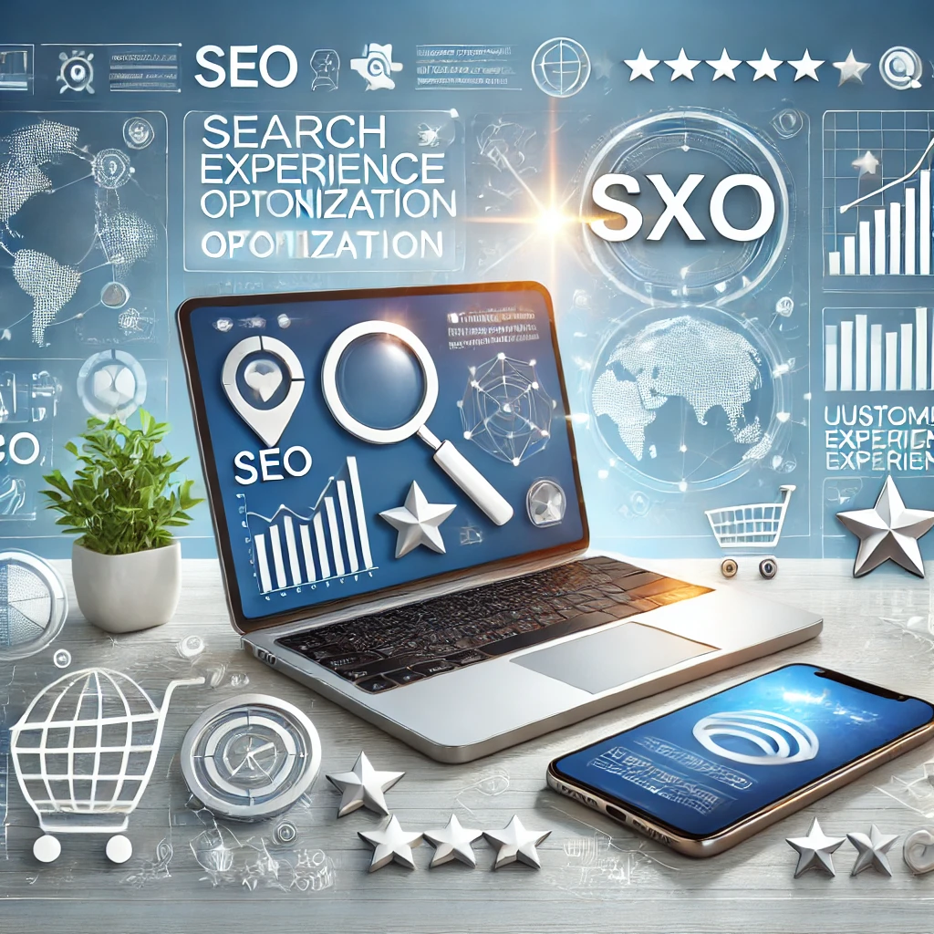 Search Experience Optimization (SXO), KI-generiertes Bild. Das Bild zeigt Laptop und Smartphone mit Diagrammen und Suchergebnissen, um SEO und Nutzerfreundlichkeit darzustellen. Symbole wie Sterne und Einkaufswagen verdeutlichen die Optimierung der Sucherfahrung.