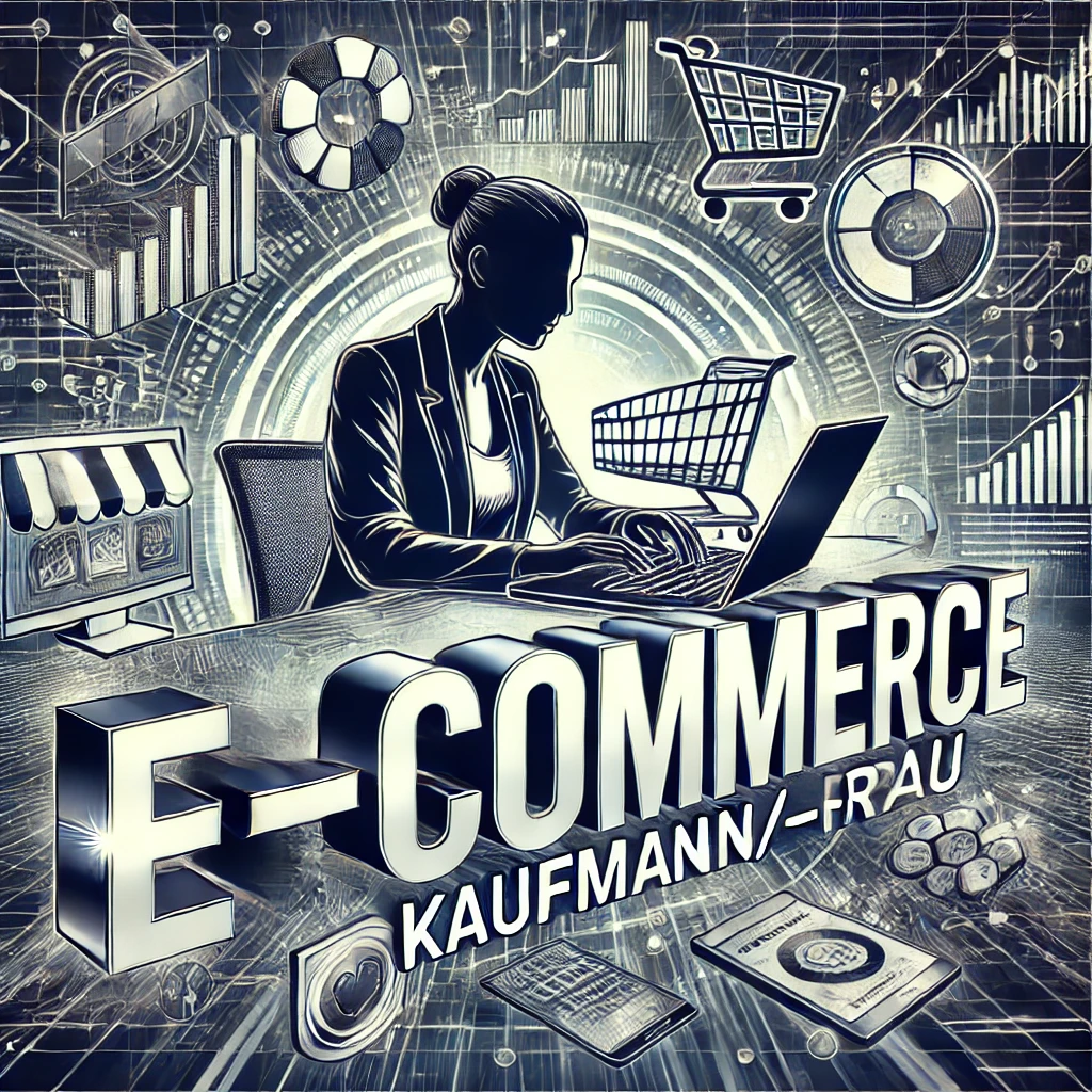 E-Commerce-Kaufmann/-frau, KI-generiertes Bild. Das Bild zeigt „E-COMMERCE“ in großen, auffälligen Buchstaben, umgeben von einem Laptop mit Online-Shop-Interface, Einkaufswagen- und Analyse-Symbolen, die die digitale Natur des Berufs betonen.