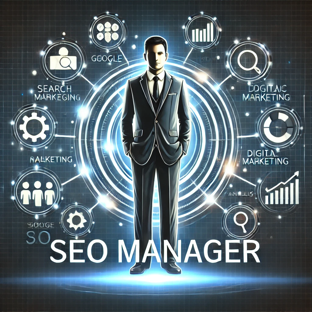 SEO Manager, KI-generiertes Bild. Das Bild zeigt eine Person im Anzug mit dem Schriftzug „SEO Manager“ darunter, umgeben von Icons wie Google und Analytics-Diagrammen, die den Beruf symbolisieren.