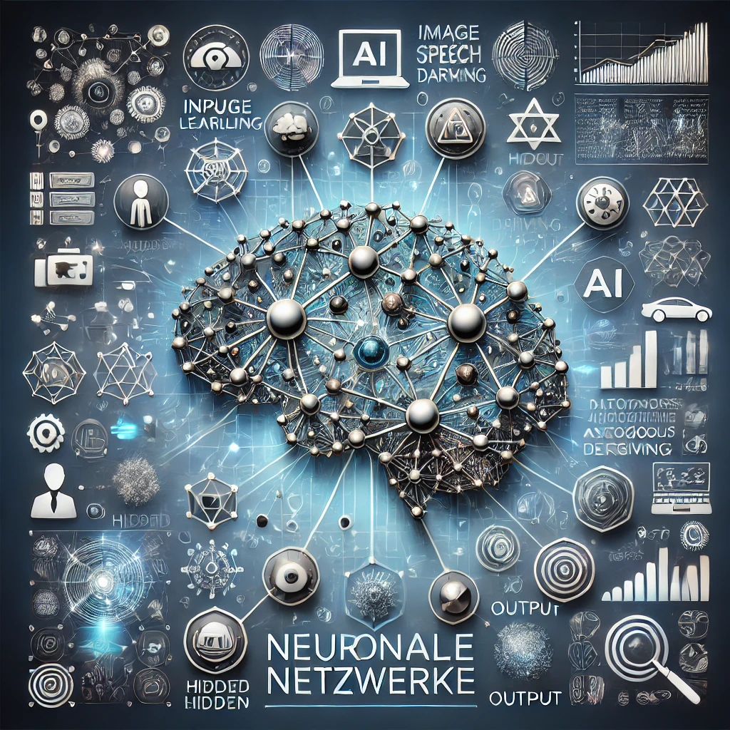 Neuronale Netzwerke: Die Grundlage moderner künstlicher Intelligenz, KI-generiertes Bild. Das Bild zeigt ein zentrales Gehirn, das durch Netzwerke und Verbindungen symbolisiert wird, mit dem Titel „Neuronale Netzwerke“.