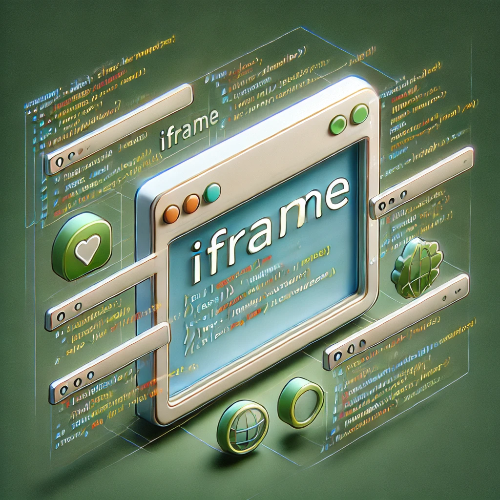 iFrame, KI-generiertes Bild. Das Bild zeigt eine Browseransicht mit einem iFrame, das eingebettete Inhalte in einem simplen Layout darstellt, wobei der Begriff "iFrame" klar hervorgehoben wird. Im Hintergrund ist dazu noch Code zu sehen.