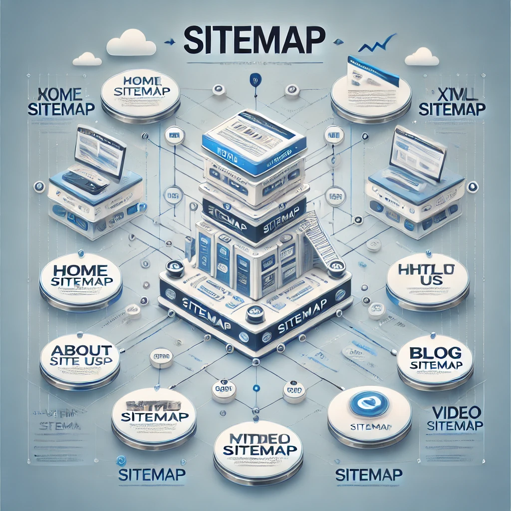 Sitemap – Die Strukturierte Navigation für Suchmaschinen und Nutzer, KI-generiertes Bild. Das Bild zeigt eine zentrale Sitemap-Hierarchie mit großem „Sitemap“-Schriftzug und Kategorien wie „Home“ und „Blog“.