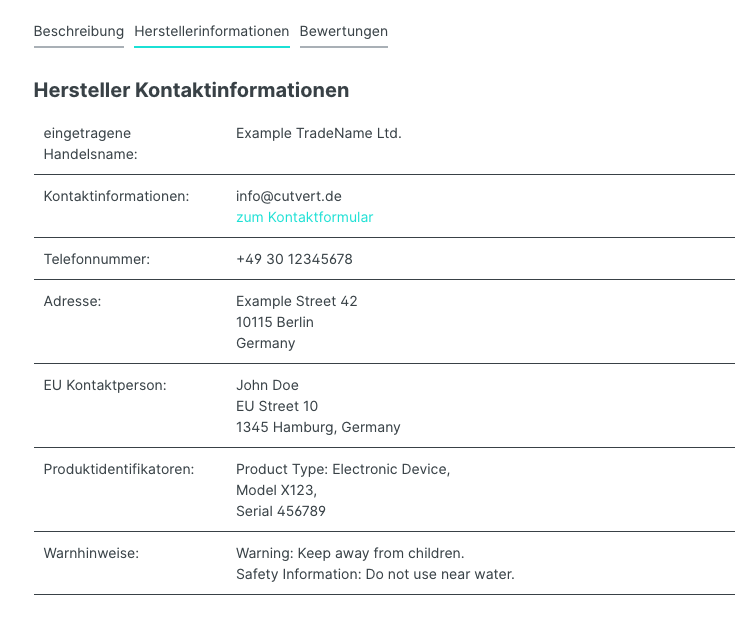 GPSR Verordnung Herstellerinformationen neben der Beschreibung