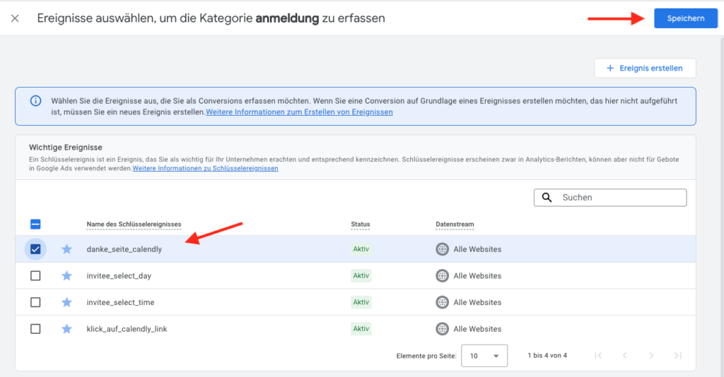 Ereignisse in Google Analytics 4 für Import auswählen