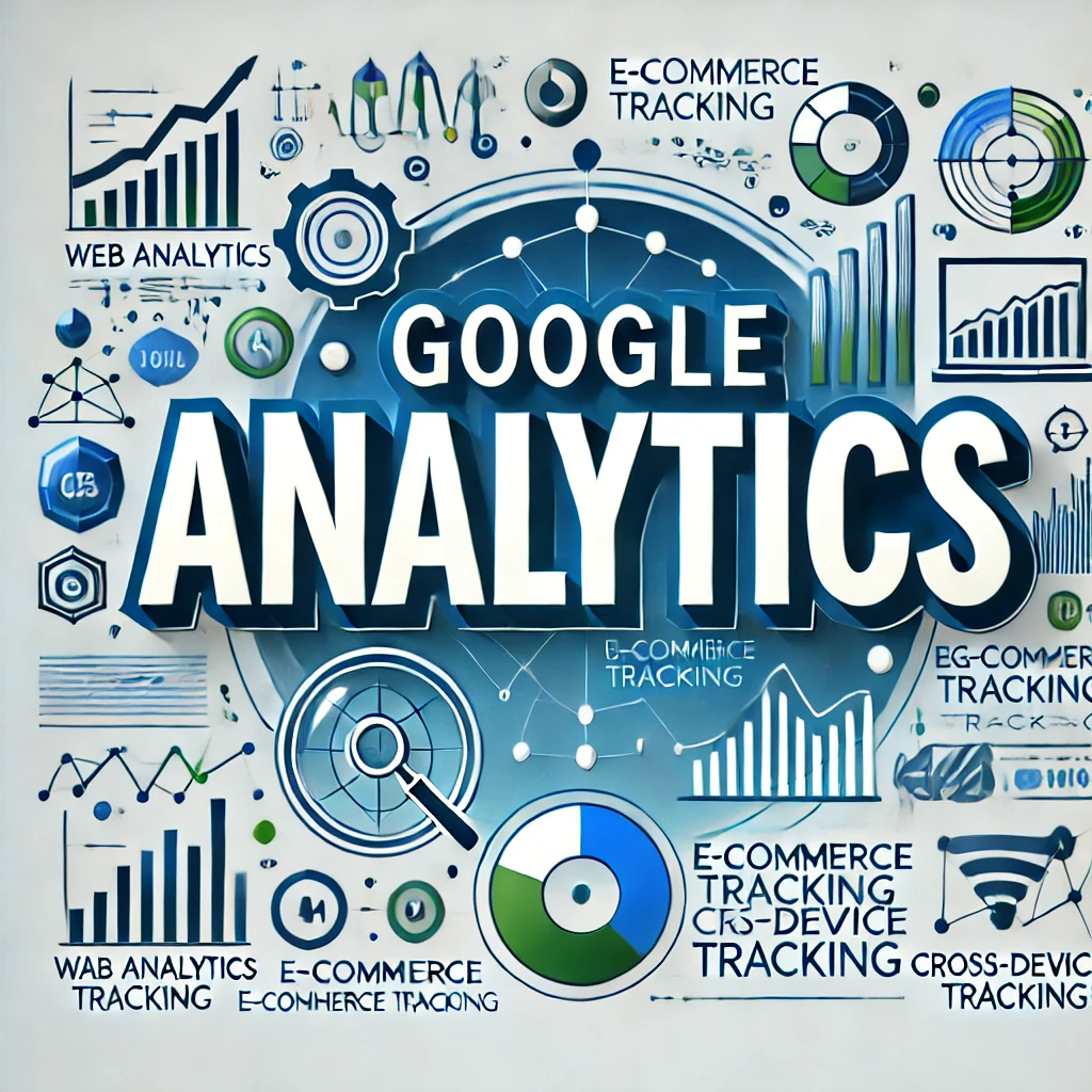 Google Analytics - Ein umfassendes Tool für datengetriebene Entscheidungen, KI-generiertes Bild. Das Bild zeigt den Schriftzug "Google Analytics" in großen, fetten Buchstaben vor einem modernen, digitalen Hintergrund mit Symbolen für Webanalyse und Datenvisualisierung.