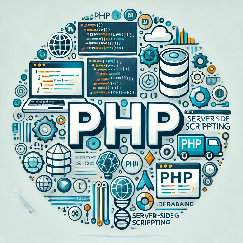 PHP – Hypertext Preprocessor, KI-generiertes Bild. Das Bild zeigt das Wort "PHP" in großen, fetten Buchstaben in der Mitte, umgeben von Symbolen für Webentwicklung, wie Code-Snippets, Laptop und Datenbank-Icons. Es hat ein modernes, technisches Design.