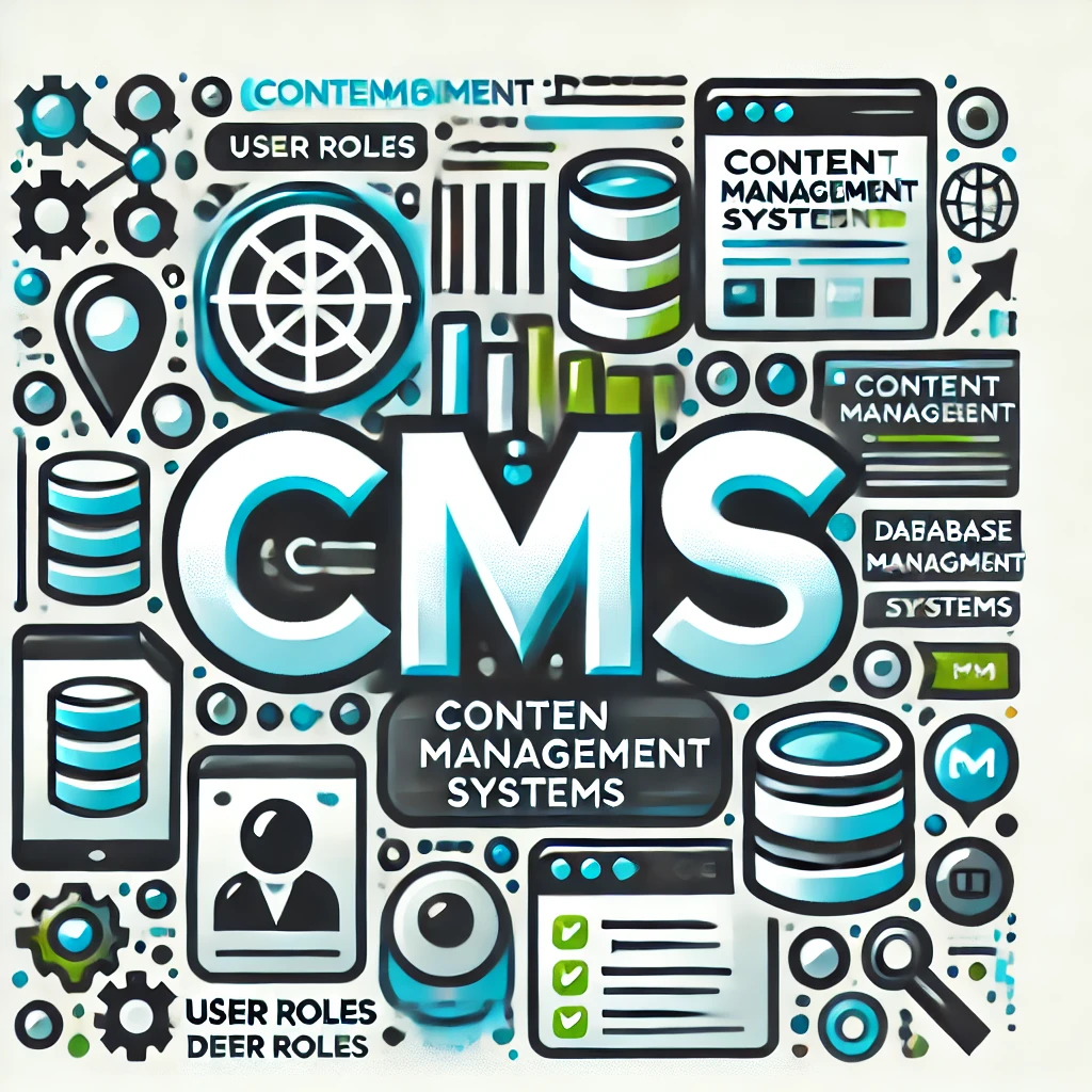 Content Management System (CMS), KI-generiertes Bild. Das Bild zeigt das Wort "CMS" in großen, fetten Buchstaben in der Mitte, umgeben von Symbolen wie einer Website, Code-Snippets und Datenbank-Icons. Es vermittelt das Konzept von Content-Management.