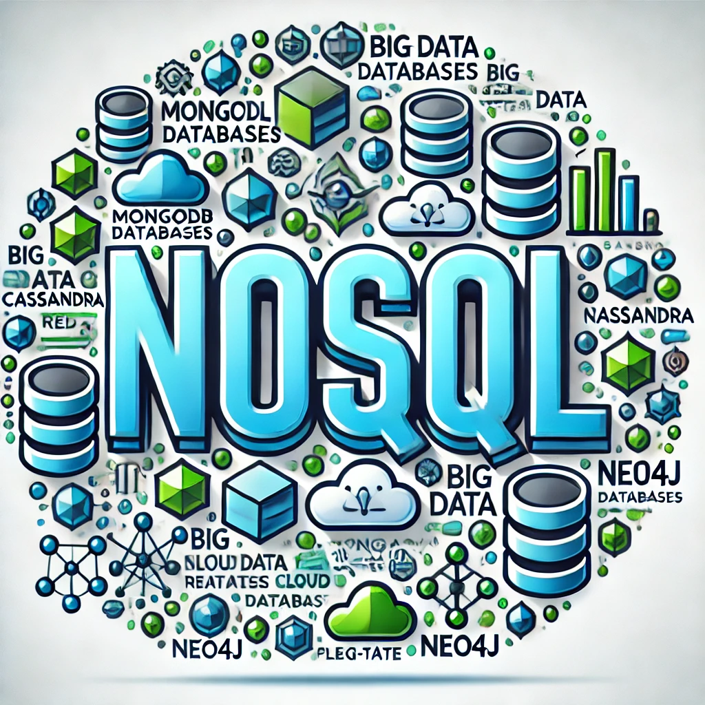 NoSQL, KI-generiertes Bild. Das Bild zeigt den Schriftzug "NoSQL" in großen, klar lesbaren Buchstaben, umgeben von Symbolen für Datenbanken wie MongoDB, Cassandra, Redis und Neo4j, sowie Elementen für Big Data und Cloud Computing.