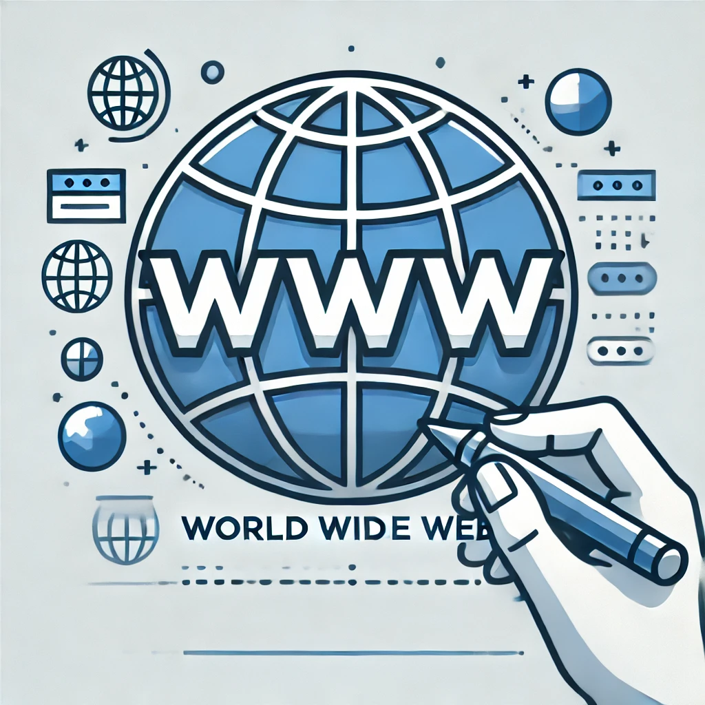 WWW – Das World Wide Web: Ursprung und Bedeutung, KI-generiertes Bild. Das Bild zeigt eine minimalistische Weltkugel, um die der Text "World Wide Web" in moderner Schrift sauber angeordnet ist. Die schlichte Farbgestaltung in Blau und Weiß symbolisiert globale Vernetzung und die digitale Natur des WWW.