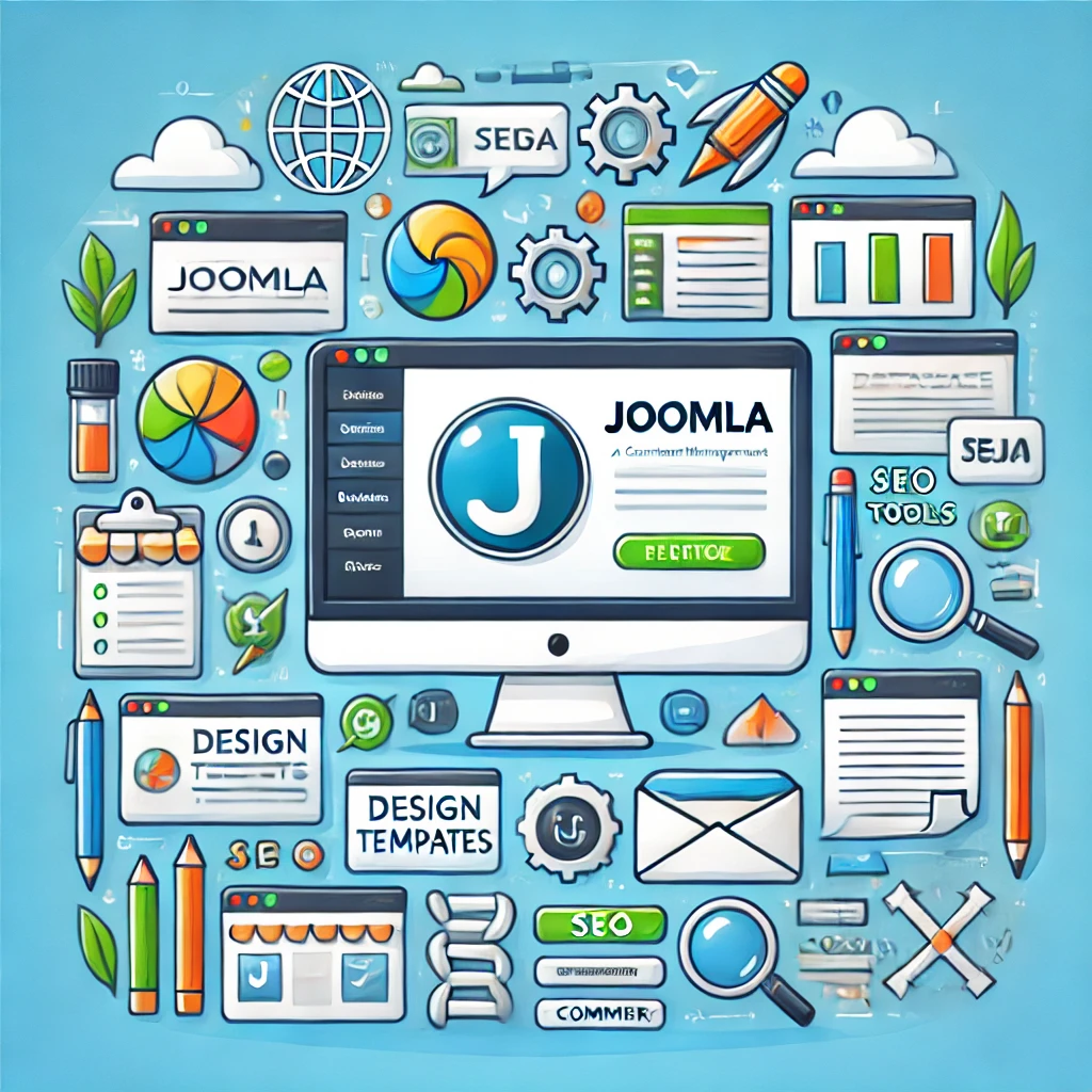 Joomla - Das vielseitige Content-Management-System. KI-generiertes Bild. Das Bild zeigt das Joomla-Logo in einem modernen Kontext mit symbolischen Elementen wie einem Computerbildschirm, Datenbanken und Designvorlagen, die die Funktionen eines flexiblen CMS visualisieren. Die Farbpalette ist in Blau und Grün.