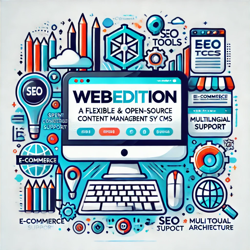 webEdition - Das flexible Open-Source Content-Management-System, KI-generiertes Bild. Das Bild zeigt "webEdition" in prominenter, moderner Schrift mit Symbolen für E-Commerce, SEO-Tools und Modularität, gestaltet in einer klaren Farbpalette aus Blau, Teal und Weiß. Es betont die Funktionalität und Flexibilität des CMS.