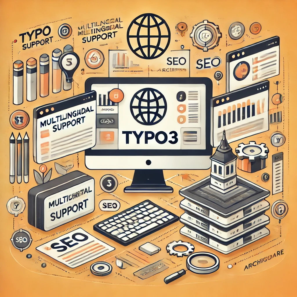 TYPO3 - Das leistungsstarke Enterprise-Content-Management-System, KI-generiertes Bild. Das Bild zeigt das TYPO3-Logo mit Symbolen für SEO, Mehrsprachigkeit und modulare Architektur, gestaltet in den typischen Farben Orange, Weiß und Grau. Es betont die Flexibilität und Enterprise-Fähigkeiten des CMS.