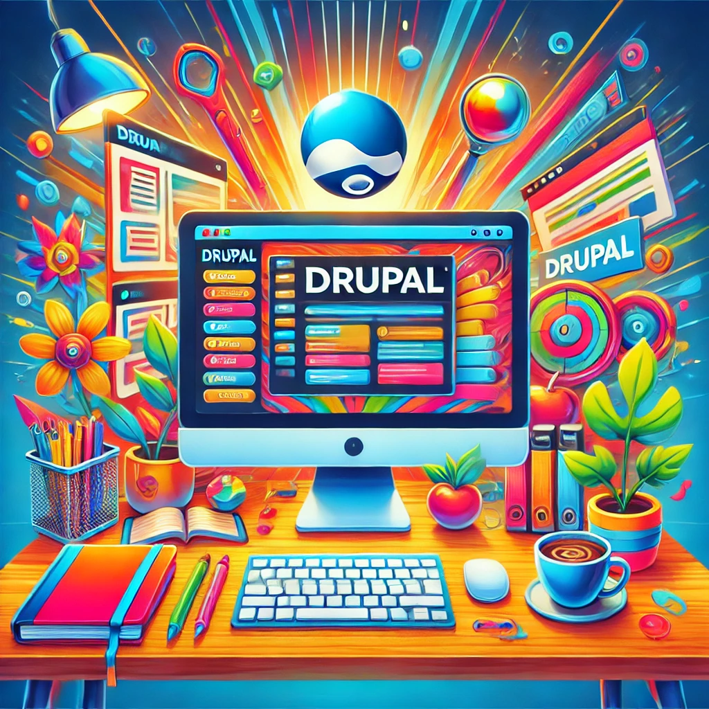 Drupal, KI-generiertes Bild. Das Bild zeigt eine farbenfrohe, moderne Arbeitsumgebung mit einem Computer, auf dessen Bildschirm das Wort „Drupal“ in stilvoller Schrift erscheint, um die kreative Arbeit mit dem CMS zu symbolisieren. Die Umgebung ist lebendig und einladend gestaltet.