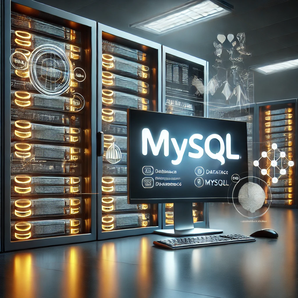 MySQL – Das beliebte relationale Datenbankmanagementsystem, KI-generiertes Bild. Das Bild zeigt eine moderne technische Umgebung mit einem Serverrack, leuchtenden Datenbanksymbolen und einem Bildschirm, der die MySQL-Technologie in Aktion darstellt. Es unterstreicht die professionelle und technologische Bedeutung von MySQL.