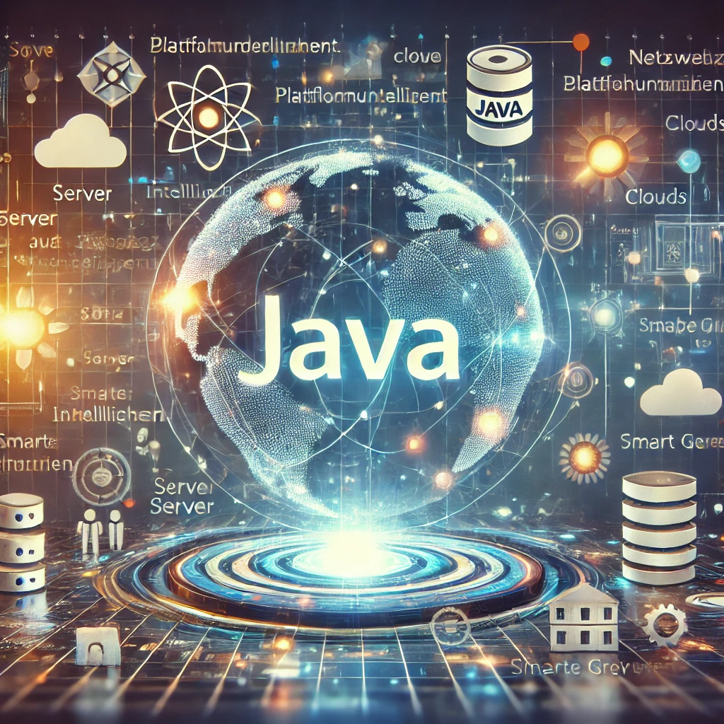 Java – Eine der vielseitigsten Programmiersprachen der Welt. KI-generiertes Bild. Das Bild zeigt eine futuristische digitale Welt mit leuchtenden Datenströmen, vernetzten Technologien und dem Wort "JAVA" prominent in der Mitte. Holografischer Quellcode, KI-Elemente und eine High-Tech-Umgebung symbolisieren Plattformunabhängigkeit, Webentwicklung und Skalierbarkeit.