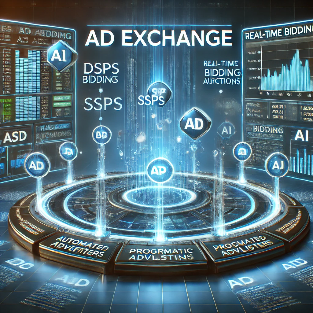 Ad Exchange-Plattform - Der digitale Marktplatz für Online-Werbung. KI-generiertes Bild. Das Bild zeigt eine futuristische Ad Exchange-Plattform mit Echtzeit-Geboten, automatisierten Werbeauktionen und der Interaktion zwischen Werbetreibenden und Publishern, hervorgehoben durch den Schriftzug „Ad Exchange“.