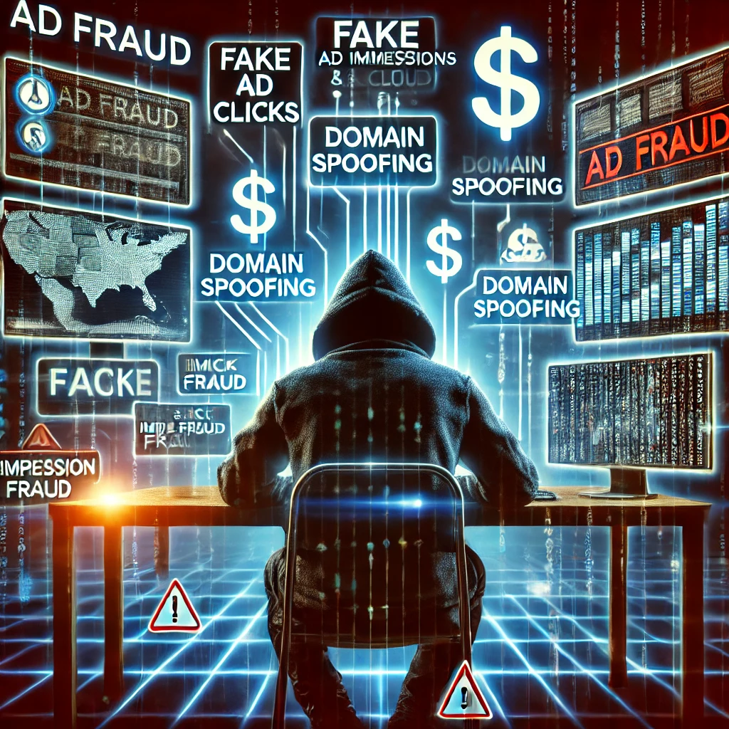 Ad Fraud - Betrug in der digitalen Werbung und wie man sich schützt. KI-generiertes Bild. Das Bild zeigt einen Hacker in dunkler Kleidung vor mehreren Monitoren, auf denen betrügerische Aktivitäten wie Klickbetrug, Fake-Impressions und Domain-Spoofing dargestellt sind.