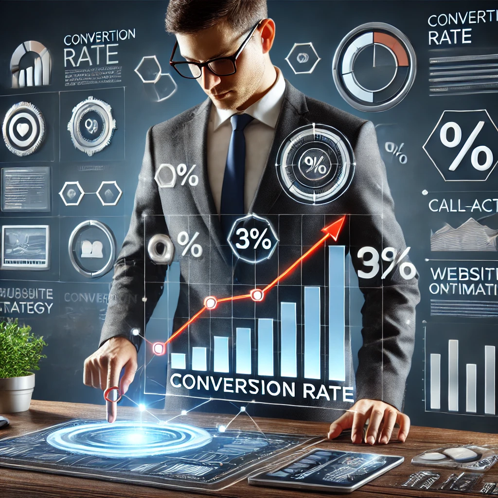 Conversion-Rate (CR), KI-generiertes Bild. Das Bild zeigt eine Geschäftsperson, die ein Dashboard mit Conversion-Statistiken, Prozentdiagrammen und einem steigenden Trend analysiert, umgeben von Symbolen für Nutzerinteraktion, Call-to-Action und Website-Optimierung.