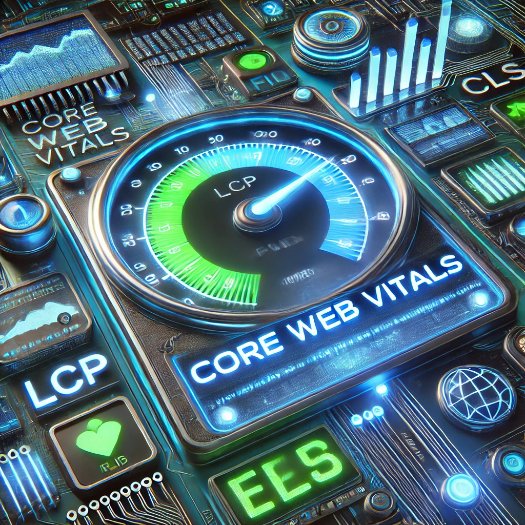 Core Web Vitals - Die wichtigsten Metriken für eine bessere Website-Performance. KI-generiertes Bild. Das Bild zeigt ein futuristisches Speedometer mit den Metriken LCP, FID und CLS, umgeben von digitalen Interface-Elementen und einem leuchtenden "Core Web Vitals" Schriftzug in Neon-Blau.